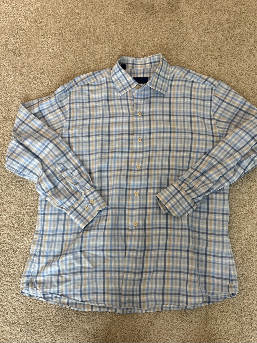 David Donahue Men's Light Blue Plaid Button-Up Shirt Linen Cotton Large